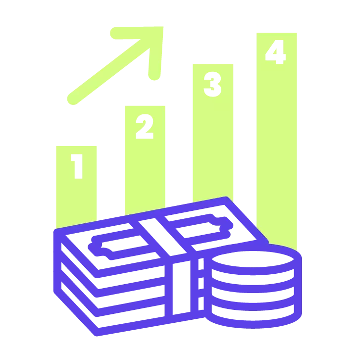 un barcharts représentant les années d'apprentissage avec une flèche montant. Devant une liasse de billet et des pièces de monnaie