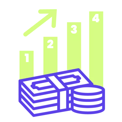 un barcharts représentant les années d'apprentissage avec une flèche montant. Devant une liasse de billet et des pièces de monnaie
