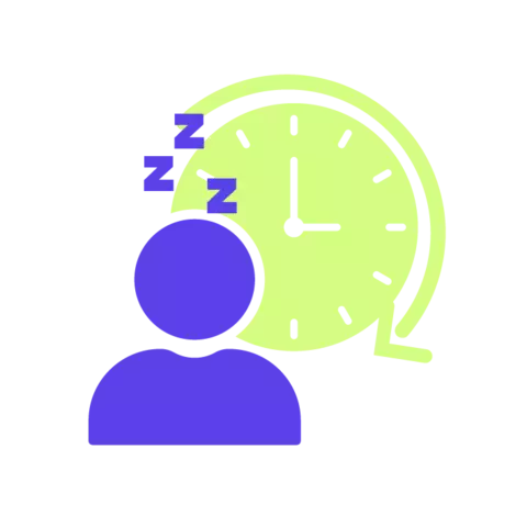 bonhomme avec des signe de sommeil au-dessus de lui et une horloge